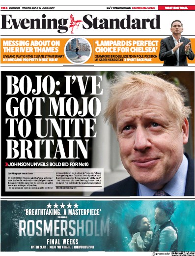 London Evening Standard Newspaper Front Page (UK) for 13 June 2019