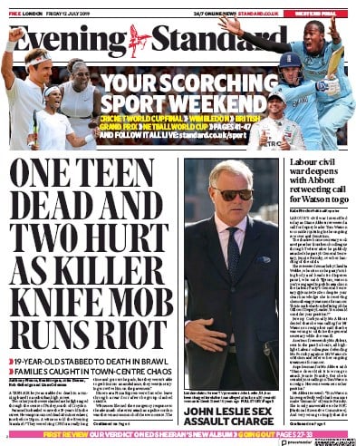 London Evening Standard Newspaper Front Page (UK) for 13 July 2019