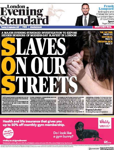 London Evening Standard Newspaper Front Page (UK) for 13 September 2017