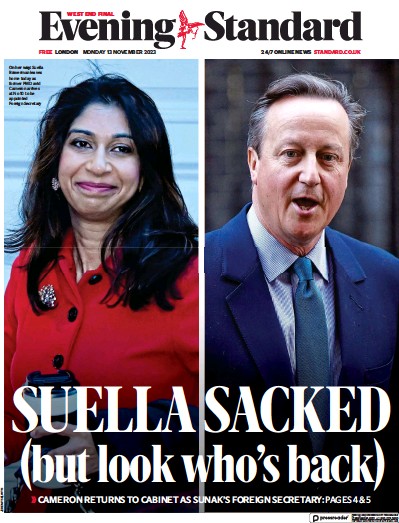 London Evening Standard Newspaper Front Page (UK) for 14 November 2023