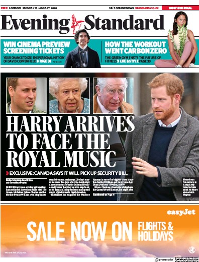 London Evening Standard Newspaper Front Page (UK) for 14 January 2020