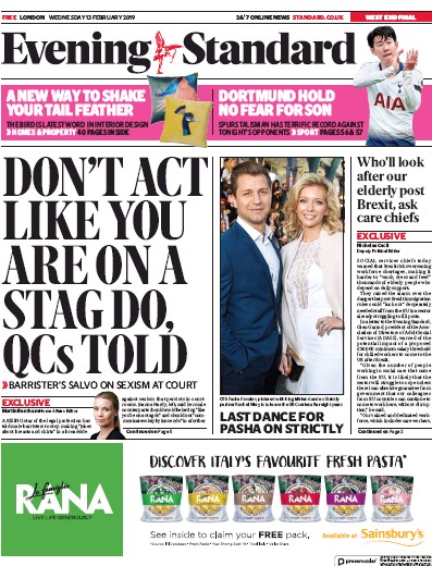 London Evening Standard Newspaper Front Page (UK) for 14 February 2019