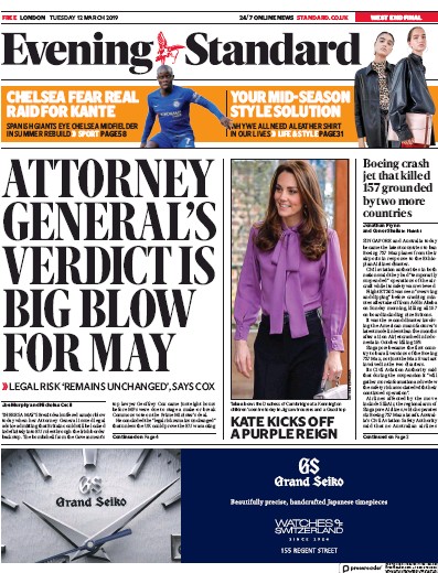 London Evening Standard Newspaper Front Page (UK) for 14 March 2019