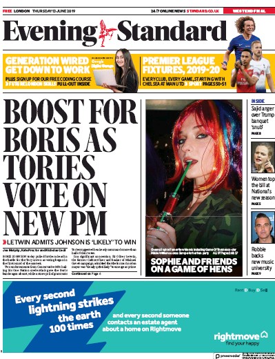 London Evening Standard Newspaper Front Page (UK) for 14 June 2019