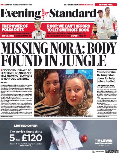 London Evening Standard Newspaper Front Page (UK) for 14 August 2019