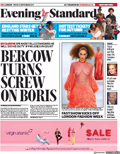 London Evening Standard Newspaper Front Page (UK) for 14 September 2019