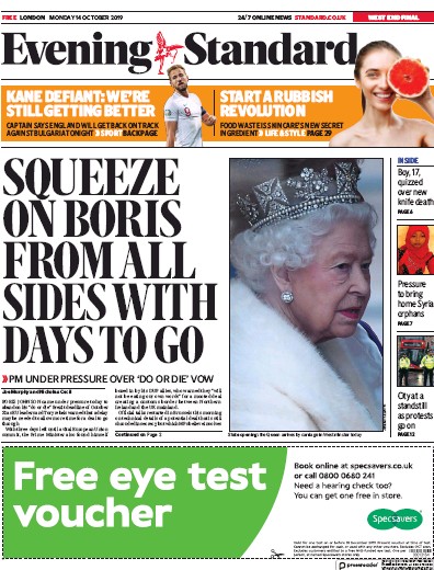 London Evening Standard Newspaper Front Page (UK) for 15 October 2019