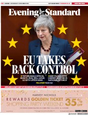 London Evening Standard (UK) Newspaper Front Page for 15 November 2018