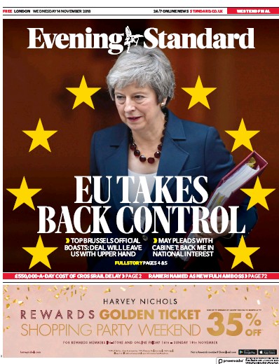 London Evening Standard Newspaper Front Page (UK) for 15 November 2018