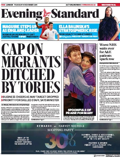 London Evening Standard Newspaper Front Page (UK) for 15 November 2019