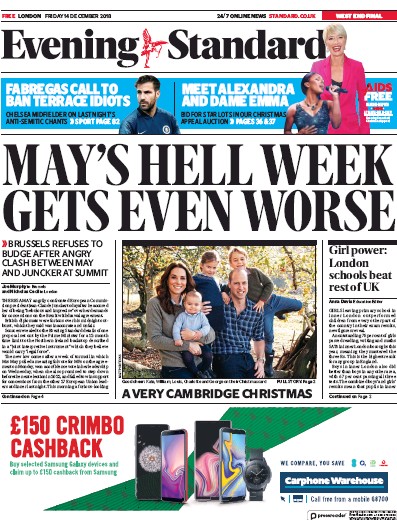 London Evening Standard Newspaper Front Page (UK) for 15 December 2018