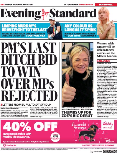 London Evening Standard Newspaper Front Page (UK) for 15 January 2019