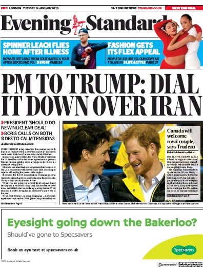 London Evening Standard Newspaper Front Page (UK) for 15 January 2020