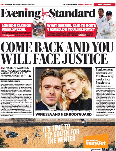 London Evening Standard Newspaper Front Page (UK) for 15 February 2019