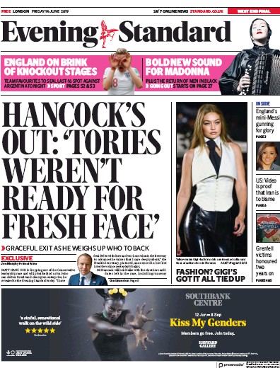London Evening Standard Newspaper Front Page (UK) for 15 June 2019