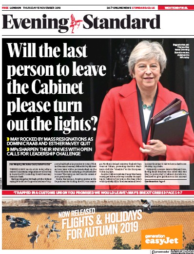 London Evening Standard Newspaper Front Page (UK) for 16 November 2018