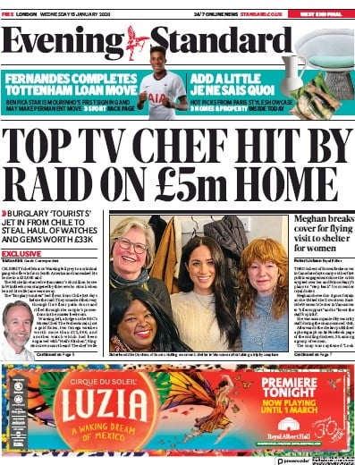London Evening Standard Newspaper Front Page (UK) for 16 January 2020