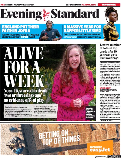 London Evening Standard Newspaper Front Page (UK) for 16 August 2019