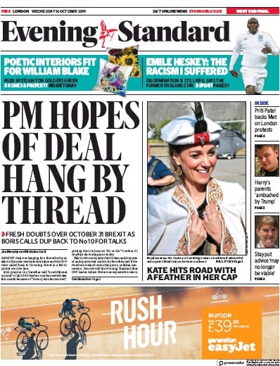 London Evening Standard Newspaper Front Page (UK) for 17 October 2019