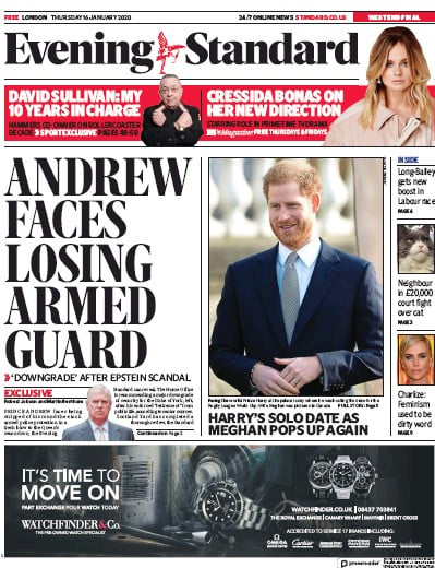 London Evening Standard Newspaper Front Page (UK) for 17 January 2020