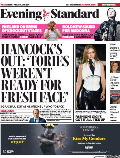 London Evening Standard Newspaper Front Page (UK) for 17 June 2019