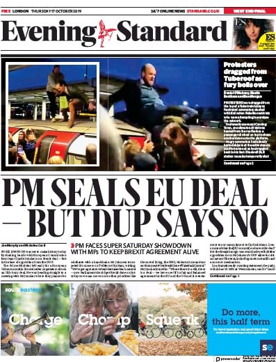 London Evening Standard Newspaper Front Page (UK) for 18 October 2019