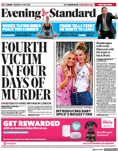 London Evening Standard Newspaper Front Page (UK) for 18 June 2019