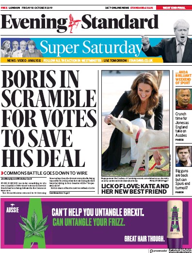 London Evening Standard Newspaper Front Page (UK) for 19 October 2019