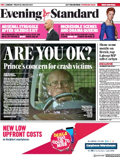 London Evening Standard Newspaper Front Page (UK) for 19 January 2019