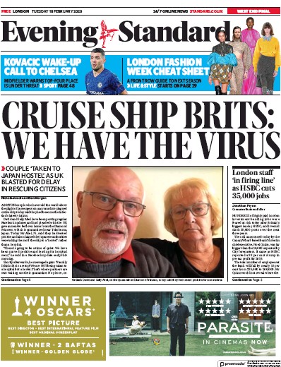 London Evening Standard Newspaper Front Page (UK) for 19 February 2020