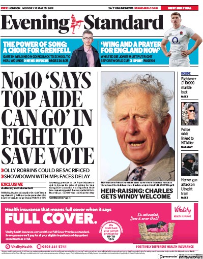 London Evening Standard Newspaper Front Page (UK) for 19 March 2019