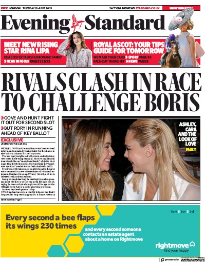 London Evening Standard Newspaper Front Page (UK) for 19 June 2019