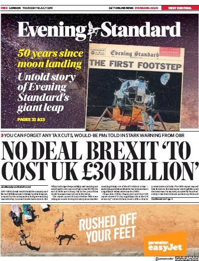 London Evening Standard Newspaper Front Page (UK) for 19 July 2019