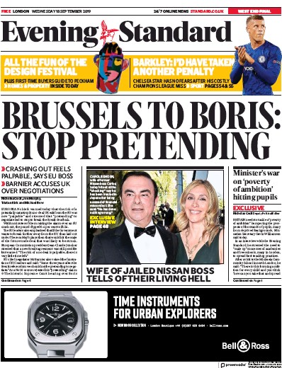 London Evening Standard Newspaper Front Page (UK) for 19 September 2019