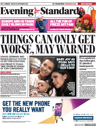 London Evening Standard Newspaper Front Page (UK) for 1 October 2018