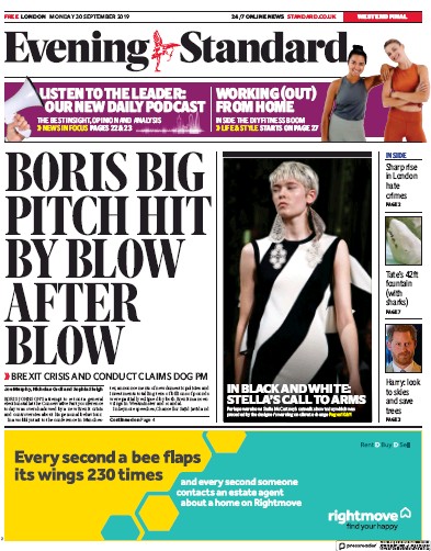 London Evening Standard Newspaper Front Page (UK) for 1 October 2019