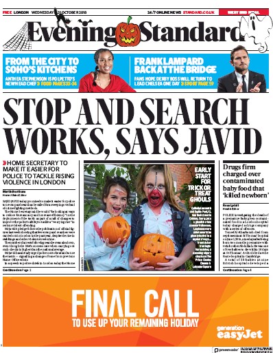London Evening Standard Newspaper Front Page (UK) for 1 November 2018