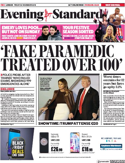 London Evening Standard Newspaper Front Page (UK) for 1 December 2018