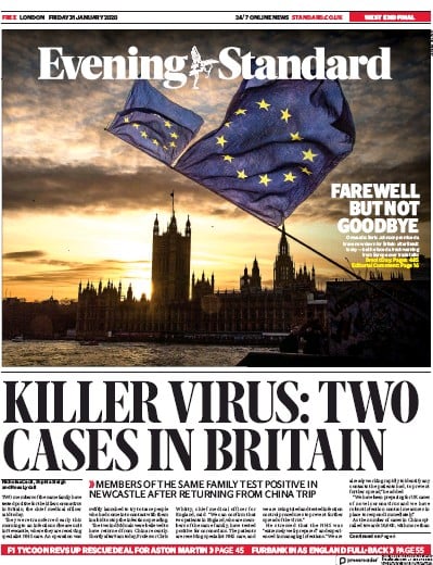 London Evening Standard Newspaper Front Page (UK) for 1 February 2020