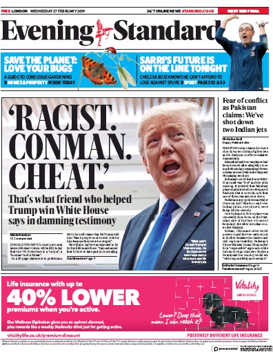 London Evening Standard Newspaper Front Page (UK) for 1 March 2019
