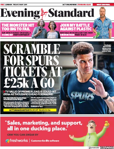 London Evening Standard Newspaper Front Page (UK) for 1 June 2019
