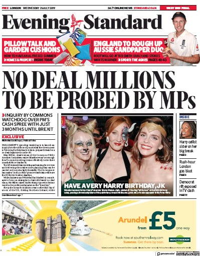 London Evening Standard Newspaper Front Page (UK) for 1 August 2019