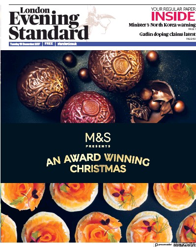 London Evening Standard Newspaper Front Page (UK) for 20 December 2017