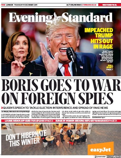 London Evening Standard Newspaper Front Page (UK) for 20 December 2019