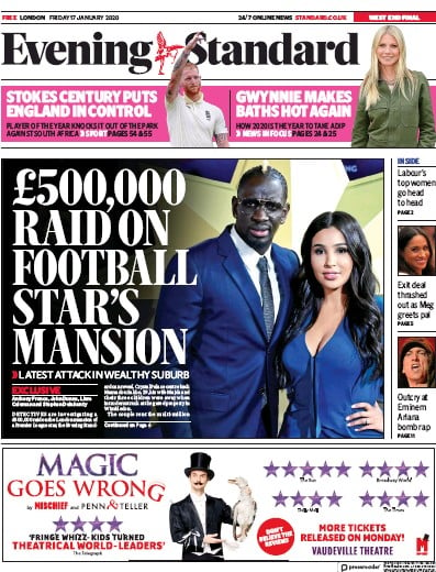 London Evening Standard Newspaper Front Page (UK) for 20 January 2020