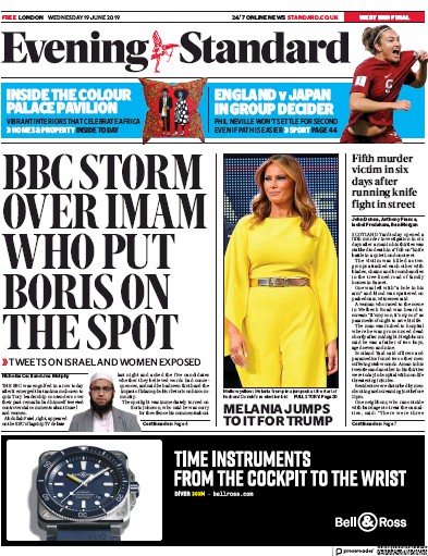 London Evening Standard Newspaper Front Page (UK) for 20 June 2019