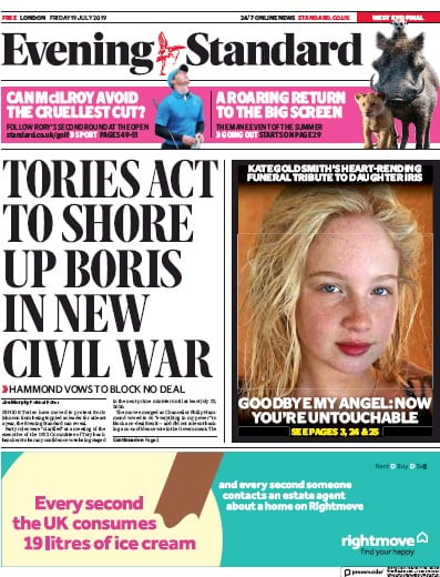 London Evening Standard Newspaper Front Page (UK) for 20 July 2019