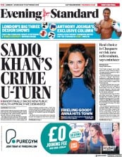 London Evening Standard (UK) Newspaper Front Page for 20 September 2018