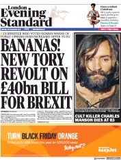 London Evening Standard (UK) Newspaper Front Page for 21 November 2017