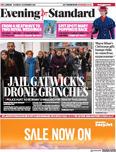 London Evening Standard Newspaper Front Page (UK) for 21 December 2018